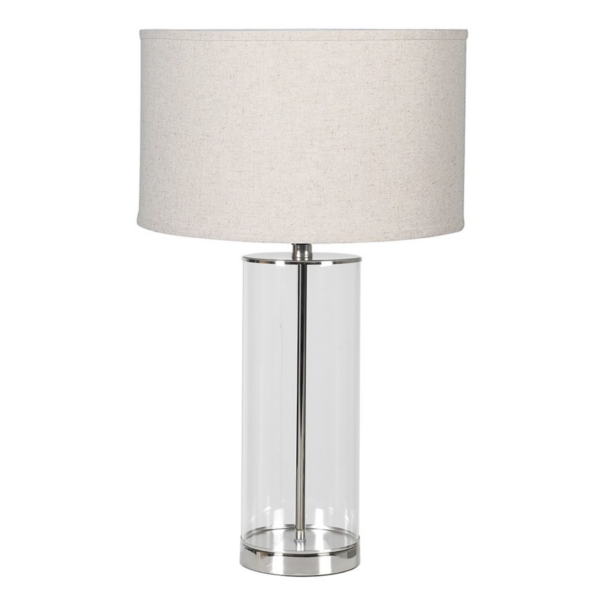 Glass and silver table lamp with beige linen shade Dimensions: H:69 Dia:41 cm.