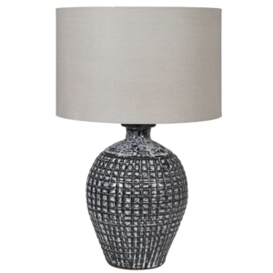 Grey detailed table lamp with genuine feel and light grey shade Dimensions: H:65 Dia:40 cm.