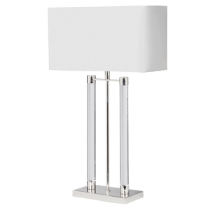 Stylish rectangular table lamp with clear and silver foot and white linen shade. Perfect for narrow spaces such as window sills and bedside tables Dimensions: H:61 W:35 D:15 cm.