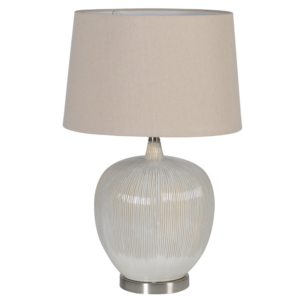 Striped beige toned glossy table lamp with beige linen shade Measurements:H:62 Dia:40 cm.