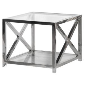 Single Coffee Table in glass with Crome Frame and build-in display compartment

Dimensions: H:50 W:59,5 D:59,5 cm.