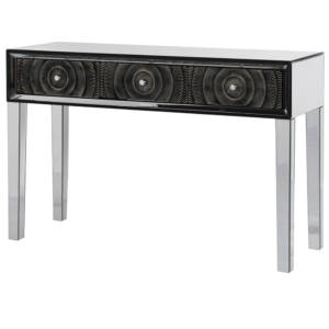 Introduce a touch of sophistication to your space with our elegant Zodiac Console Table. This statement piece features a striking combination of mirror framing and wood, creating a harmonious balance between modern and classic design elements. The console table is equipped with three spacious wooden drawers, adorned with intricate golden and black circle detailing that adds a luxurious flair. The mirrored framing not only enhances the visual appeal but also reflects light, making your space feel brighter and more expansive. Perfect for an entryway, living room, or hallway, this console table serves both as a functional storage solution and a captivating focal point in your decor. Let the Zodiac Console Table elevate your interior with its refined elegance and distinctive design. This description emphasizes the unique design features and the elegant appeal of the console table, making it ideal for your interior website.

Measurements: H:79 W:120 D:40 cm.